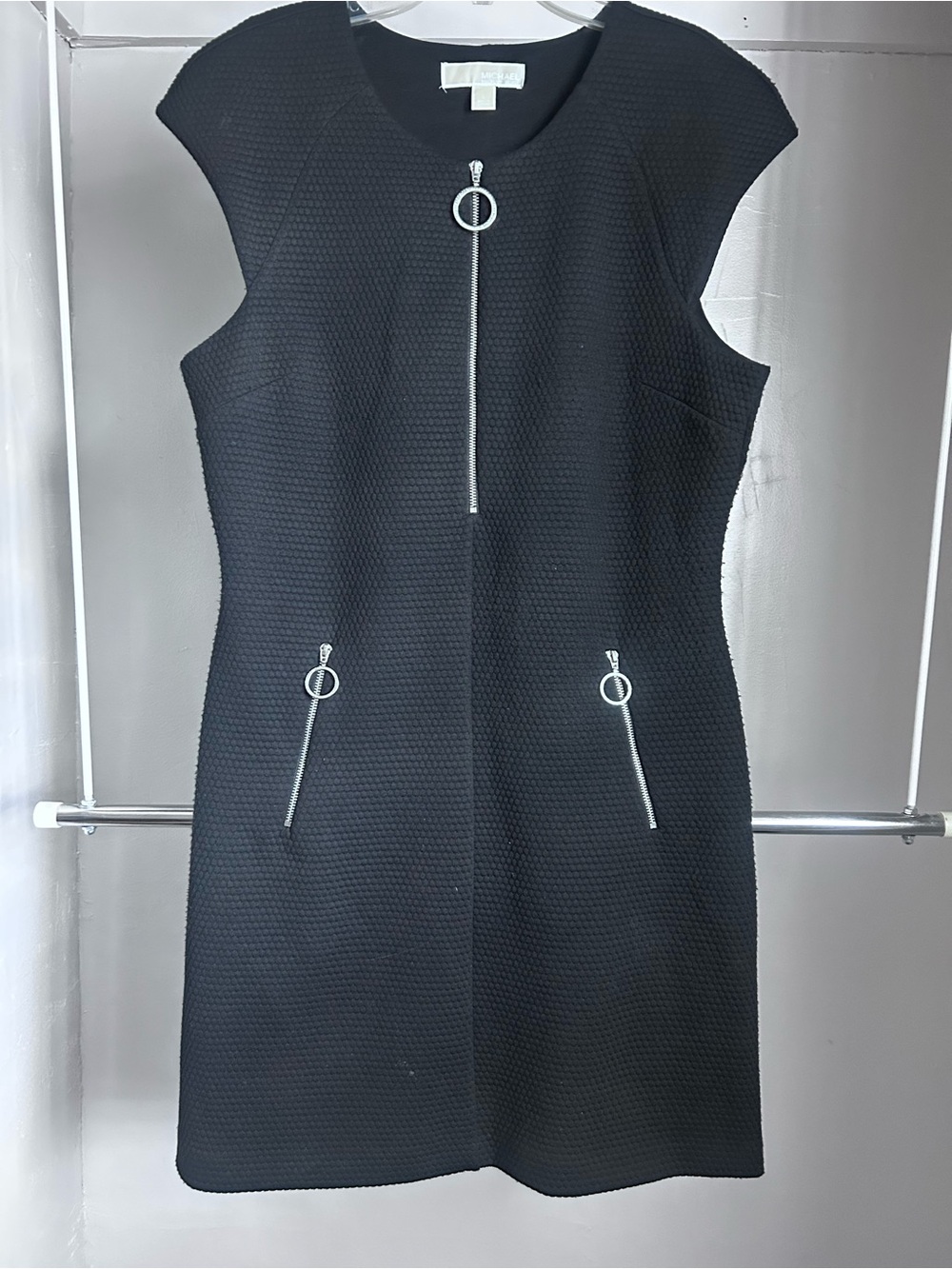 Michael Kors Black Textured Sleeveless Zip-Front Shift Dress